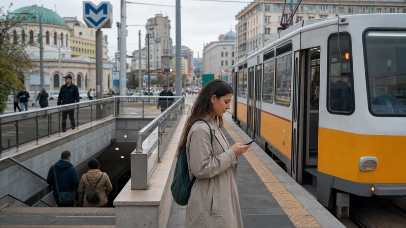 Traveller checking a smartphone beside a tram and metro entrance in Sofia