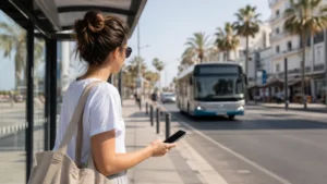 Traveller using a smartphone during public transport apps in cyprus