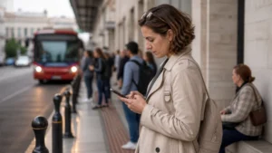 Traveller checking a smartphone route at a Tbilisi public transport stop