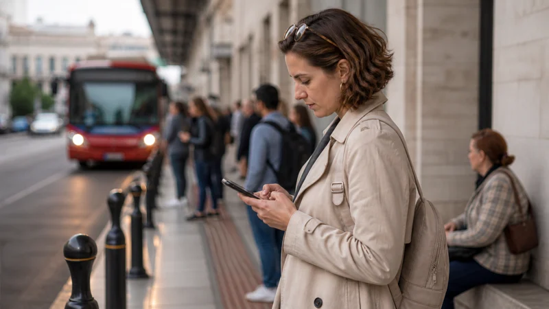 Traveller checking a smartphone route at a Tbilisi public transport stop
