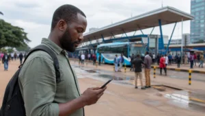 Traveller using a smartphone during a trip in Kenya