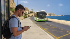 Traveller using a smartphone in Malta while using public-transport apps in Malta