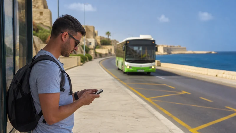 Traveller using a smartphone in Malta while using public-transport apps in Malta