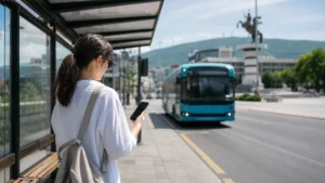 Traveller using a smartphone during public transport apps in north macedonia in North Macedonia.