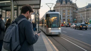 Traveller using a smartphone during public transport apps in romania in Romania.