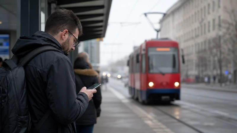 Traveller using a smartphone during public transport apps in serbia in Serbia.