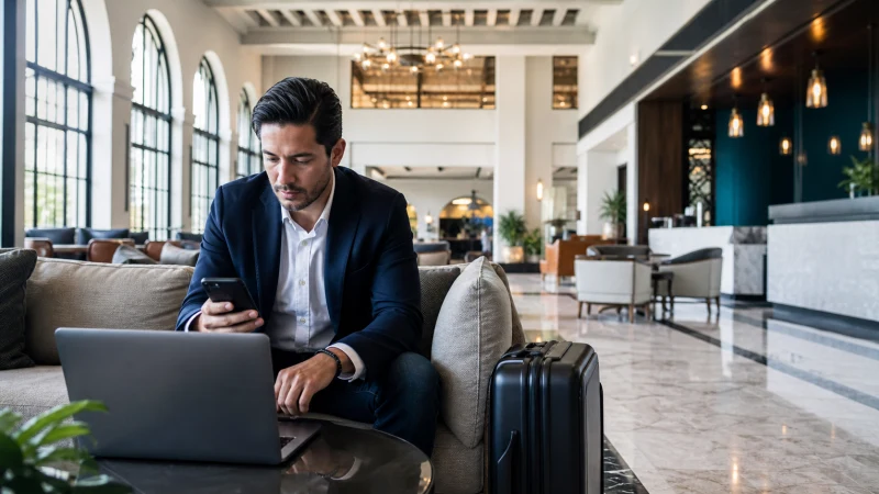 Traveller using a smartphone in Puerto Rico while managing internet access on a Puerto Rico business trip