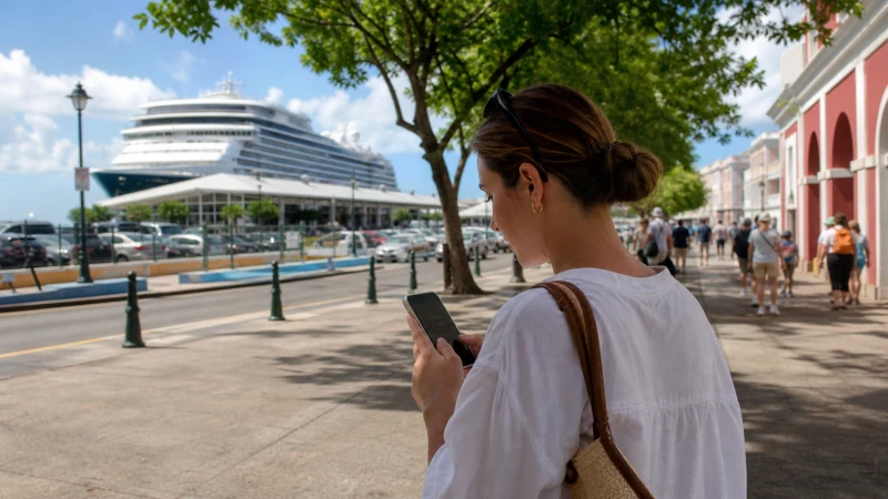 Traveller using a smartphone in Puerto Rico while using mobile data around Puerto Rico’s cruise ports
