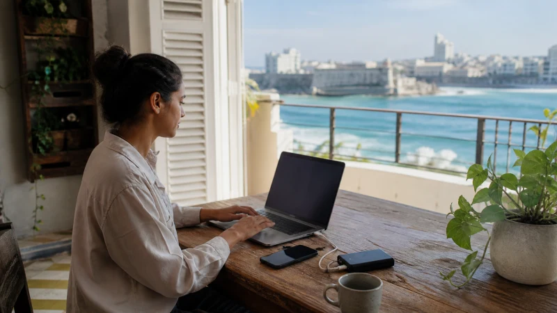 Traveller using a smartphone in Puerto Rico while working remotely from Puerto Rico