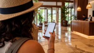 Traveller using a smartphone in Puerto Rico while using a Puerto Rico eSIM on Android