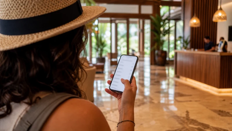 Traveller using a smartphone in Puerto Rico while using a Puerto Rico eSIM on Android