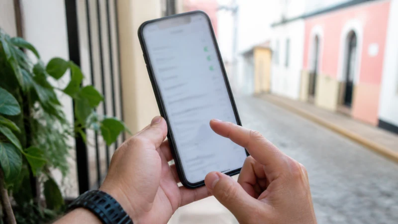Traveller using a smartphone in Puerto Rico while checking Puerto Rico eSIM APN settings