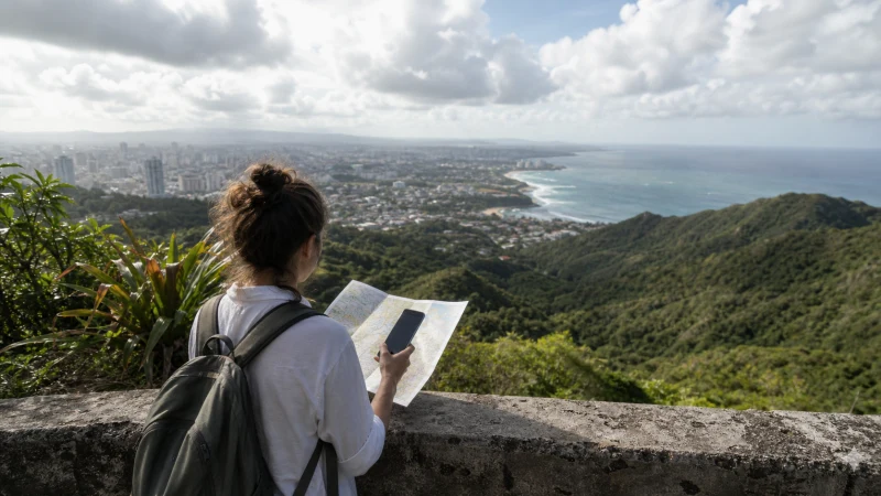Traveller using a smartphone in Puerto Rico while understanding mobile coverage across Puerto Rico