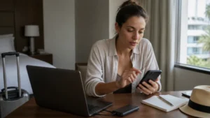 Traveller using a smartphone in Puerto Rico while troubleshooting a Puerto Rico eSIM
