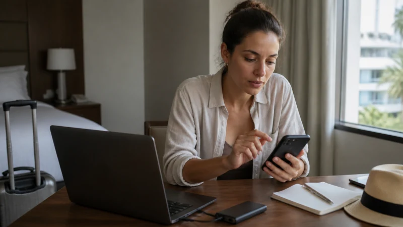 Traveller using a smartphone in Puerto Rico while troubleshooting a Puerto Rico eSIM