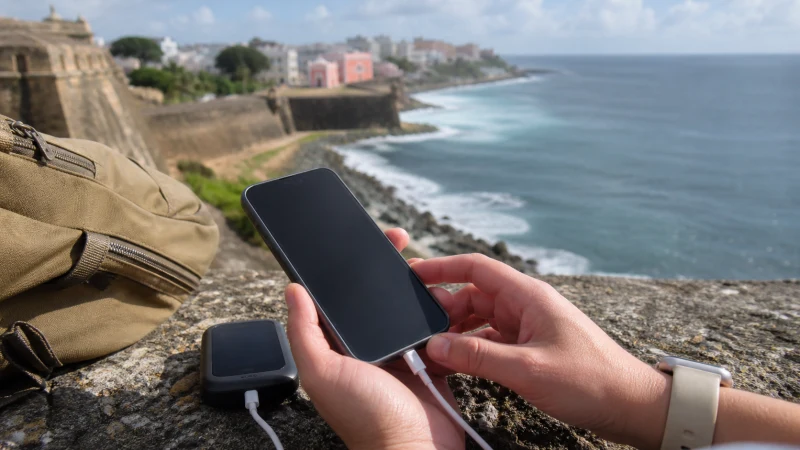 Traveller using a smartphone in Puerto Rico while comparing a Puerto Rico eSIM with pocket Wi-Fi