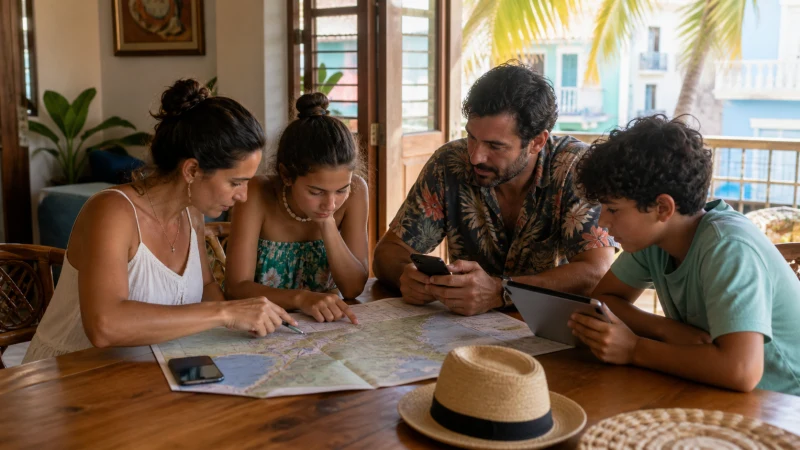 Traveller using a smartphone in Puerto Rico while sharing travel data on a Puerto Rico family trip