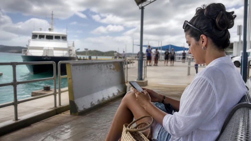 Traveller using a smartphone in Puerto Rico while staying connected on ferry trips to Vieques and Culebra