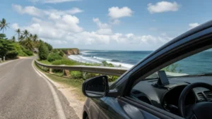 Traveller using a smartphone in Puerto Rico while planning data for a road trip across Puerto Rico