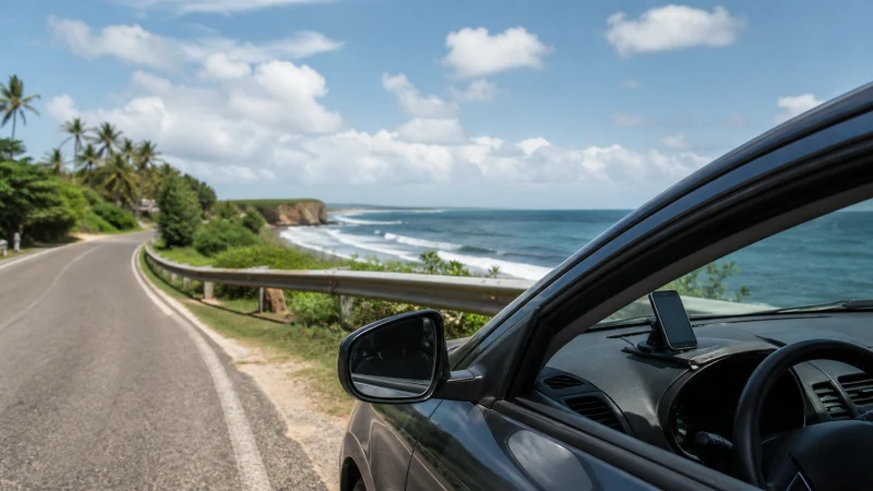 Traveller using a smartphone in Puerto Rico while planning data for a road trip across Puerto Rico