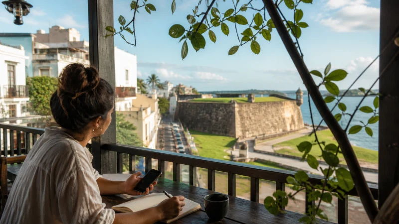 Traveller using a smartphone in Puerto Rico while using mobile data beyond resort Wi-Fi