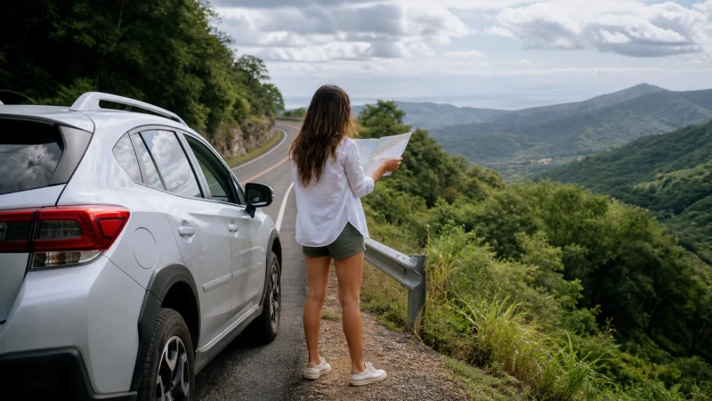 Traveller using a smartphone in Puerto Rico while staying connected on a Puerto Rico road trip