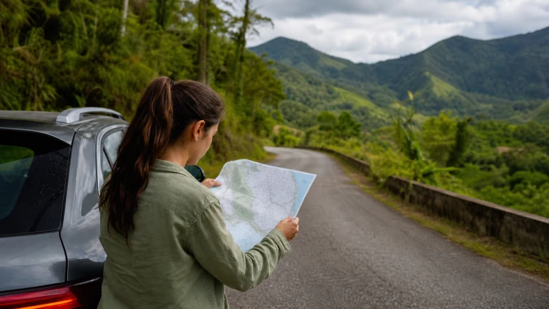 Traveller using a smartphone in Puerto Rico while preparing for mobile coverage outside Puerto Rico’s main urban areas
