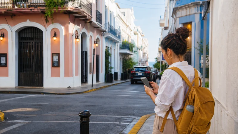 Traveller using a smartphone in Puerto Rico while staying connected on a solo trip to Puerto Rico