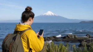 Traveller using a smartphone in Chile for internet access between puerto varas and chiloé