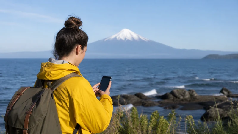Traveller using a smartphone in Chile for internet access between puerto varas and chiloé