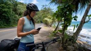 Traveller using a smartphone in Costa Rica for using mobile data in puerto viejo