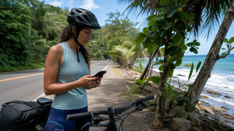 Traveller using a smartphone in Costa Rica for using mobile data in puerto viejo