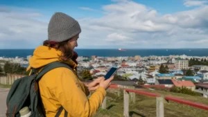 Traveller using a smartphone in Chile for mobile coverage around punta arenas
