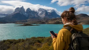 Traveller using a smartphone in Chile for what to expect online from punta arenas to torres del paine