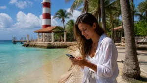 Traveller using a smartphone in the Dominican Republic for punta cana bayahibe mobile internet