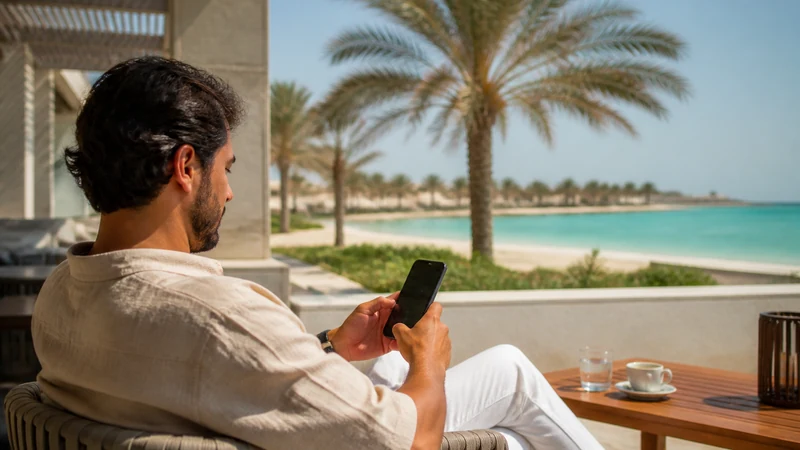 Traveller using a smartphone in resort guest using a phone on a shaded Qatar beachfront terrace