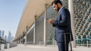 Traveller using a smartphone in business traveller with phone outside Doha Convention Centre