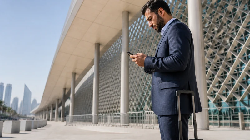 Traveller using a smartphone in business traveller with phone outside Doha Convention Centre