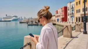Traveller using a smartphone in cruise passenger using a phone near Doha Old Port and colourful buildings