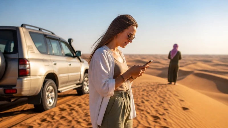 Traveller using a smartphone in safari guest checking offline maps beside a 4x4 and dunes