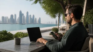Traveller using a smartphone in a quiet Doha café terrace