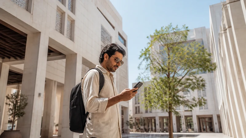 Traveller using a smartphone in a contemporary Msheireb Downtown courtyard