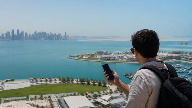 Traveller using a smartphone in traveller overlooking Doha skyline, desert and coast from an elevated viewpoint