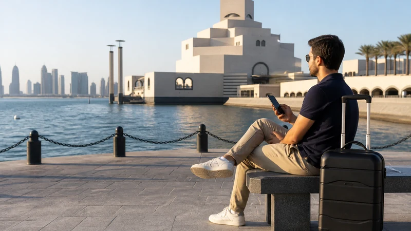 Traveller using a smartphone in Qatar for qatar esim for a doha stopover: wi-fi, sim and esim guide