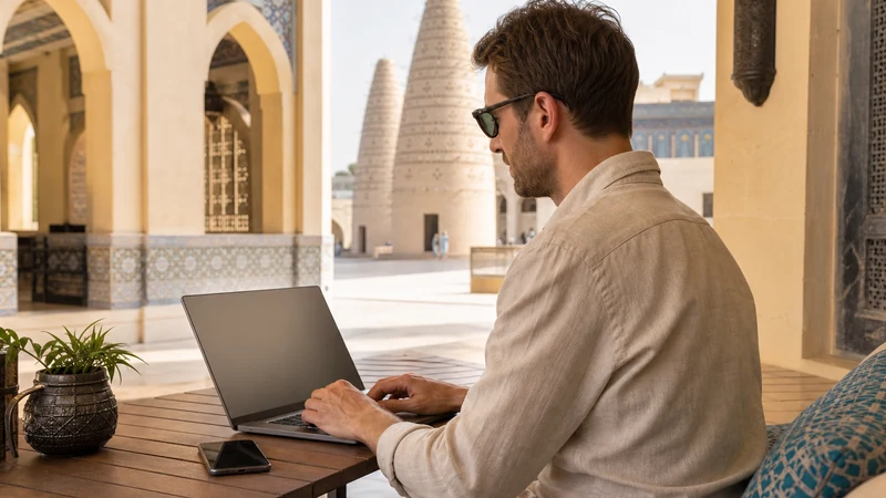 Traveller using a smartphone in Qatar for qatar esim hotspot: tethering and data planning