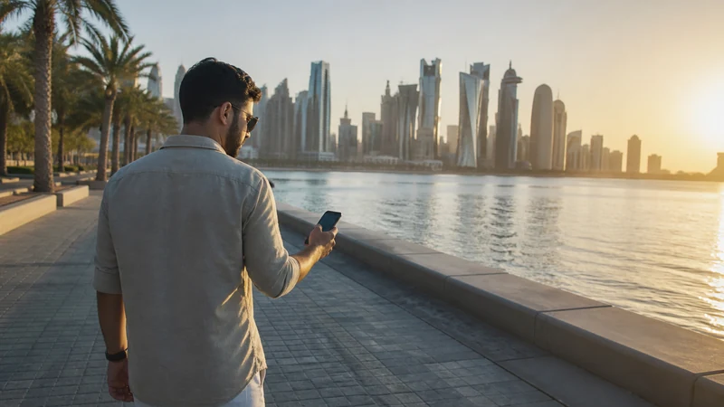 Traveller using a smartphone in iPhone user walking along the Doha Corniche at sunrise