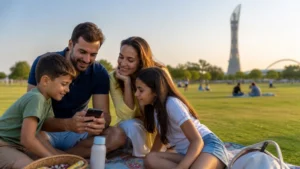 Traveller using a smartphone in family coordinating travel with one phone at Aspire Park