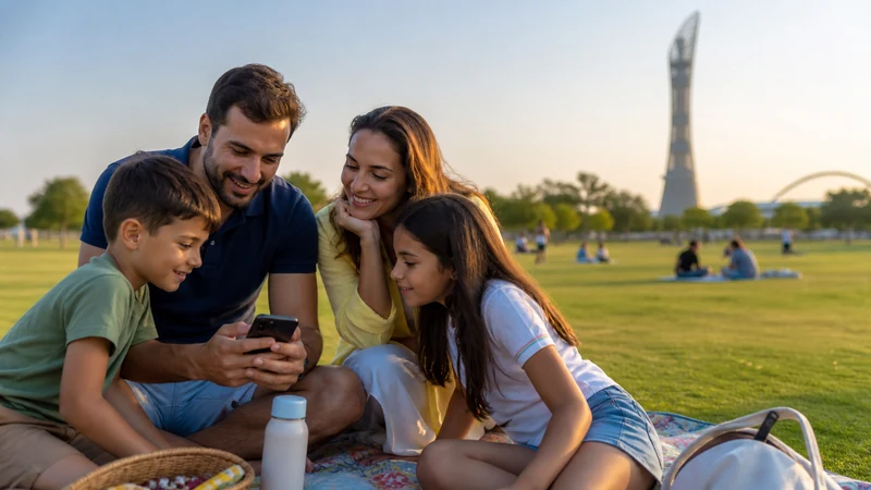 Traveller using a smartphone in family coordinating travel with one phone at Aspire Park
