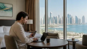 Traveller using a smartphone in long-stay guest working from a serviced apartment with Doha view