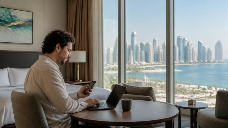 Traveller using a smartphone in long-stay guest working from a serviced apartment with Doha view